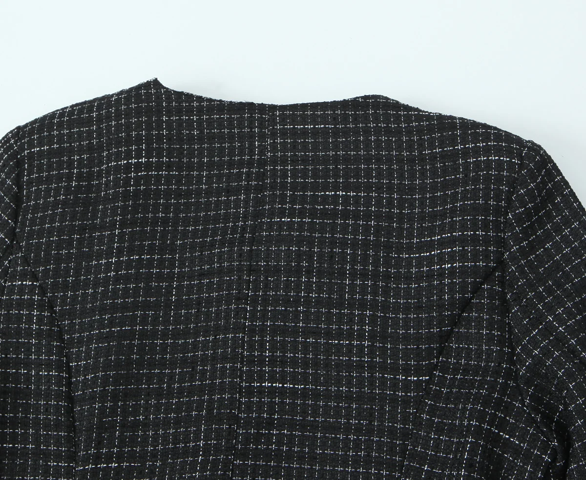 French Style Retro V collar Plaid Woven Tweed Blazer + High Waist Mini Short Skirts Suits 2 pieces 1 Set Black White