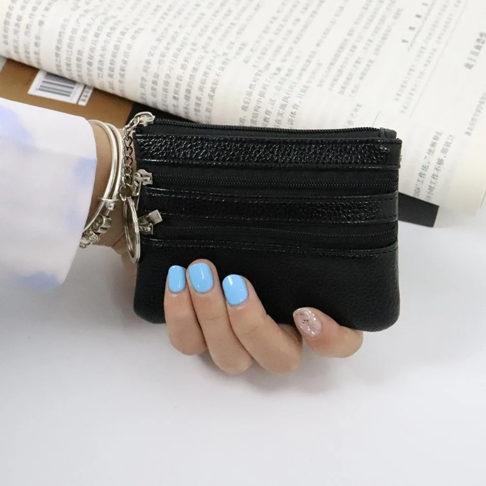 Elegant PU Leather Coin Purse with Key Ring and Zipper Closure