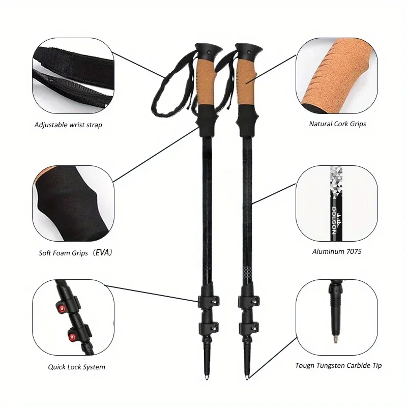 2PCS Portable Lightweight Trekking Poles Collapsible Hiking Poles Climbing Cane Aluminum Walking Sticks with Cork Grip Rubber