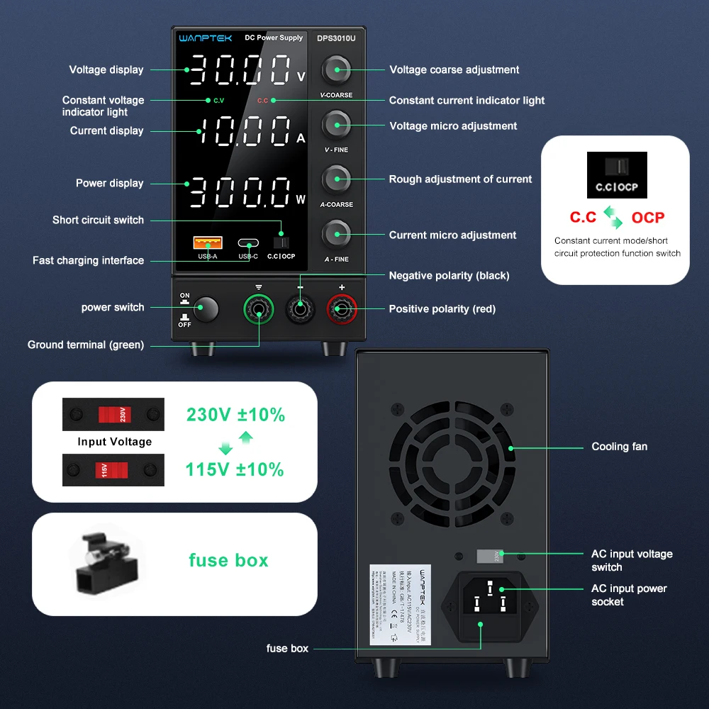 Adjustable DC Laboratory Power Supply 30V 10A