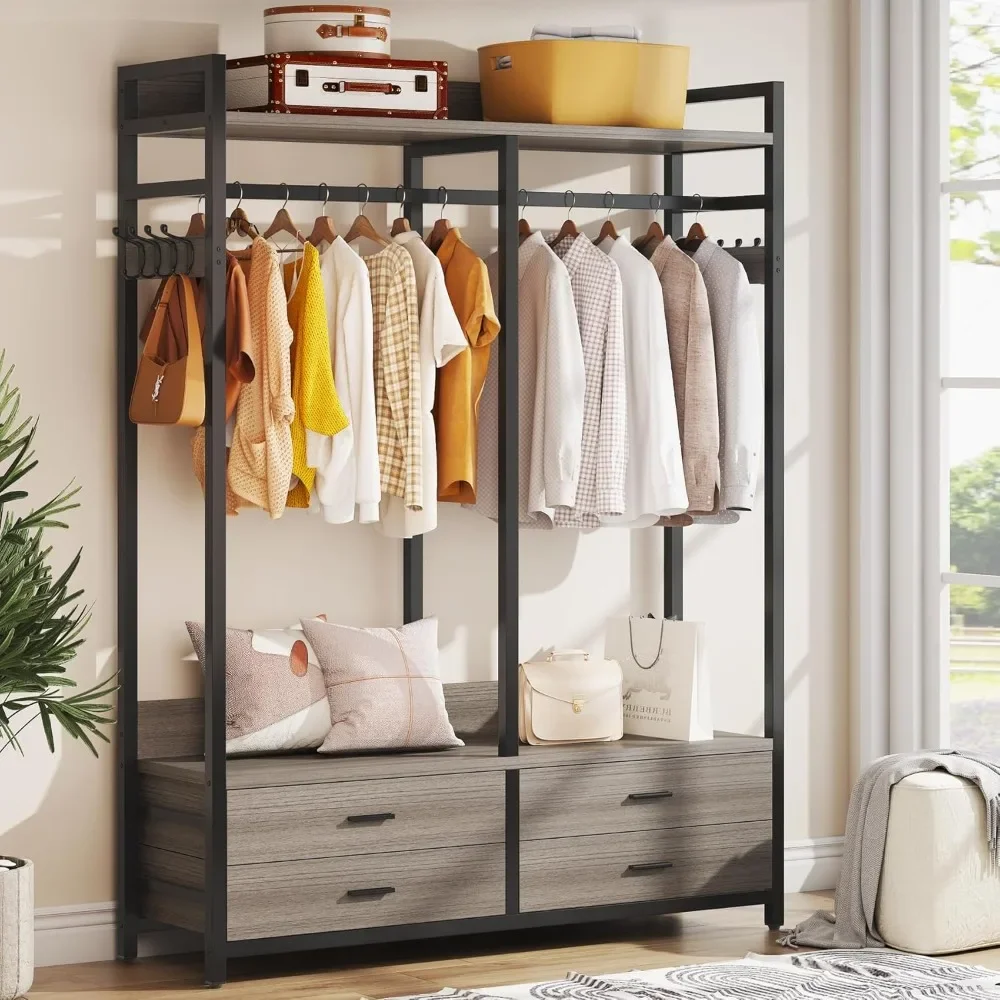 New2025-Freestanding Closet Organizer for Hanging Clothes, Heavy Duty Garment Rack with 4 Drawers, 8 Hooks and Storage Shelves,