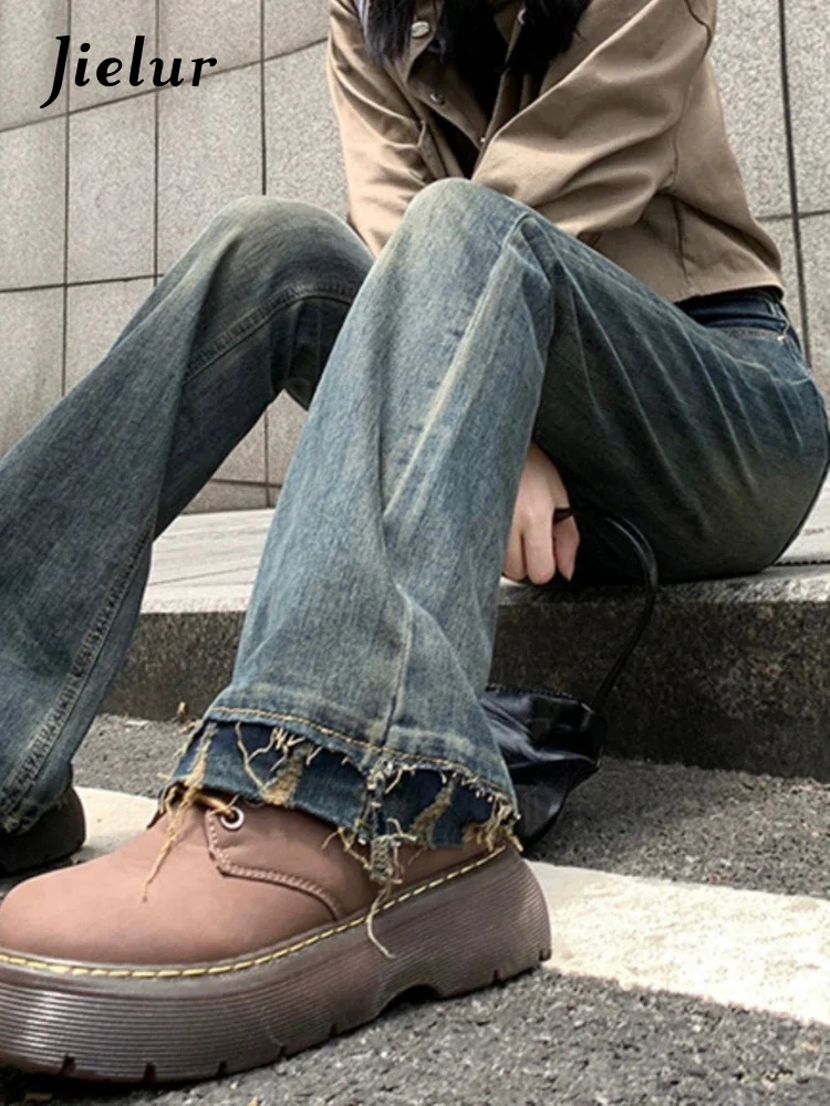 Jielur 아메리칸 스타일 섹시 빈티지 블루 여성 청바지, 하이 스트리트 슬림 Y2k 시크 포켓 여성 플레어 팬츠, 오피스 레이디 패션