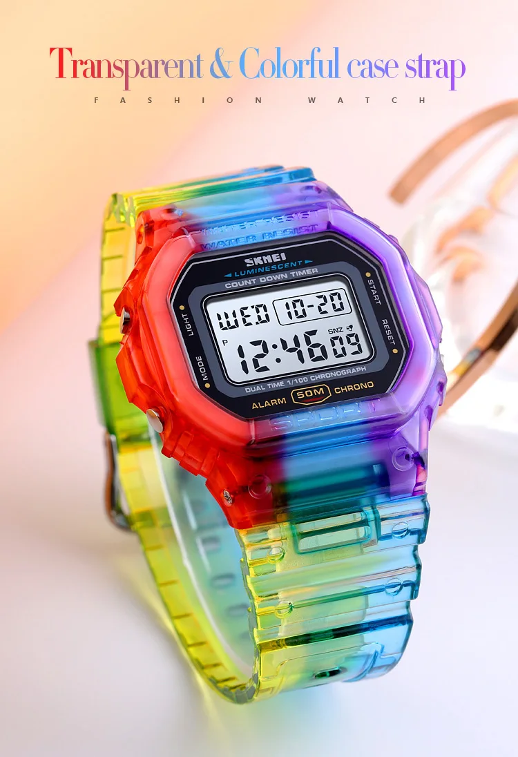 SKMEI 1622 Damen-Digitalarmbanduhr, galvanisiertes Gehäuse, stoßfest, Reloj Mujer, transparentes Armband, coole Damenuhren für Mädchen, 1999_voghion.com