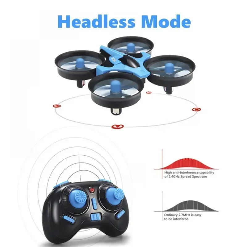 Mini drone compact avec gyroscope 6 axes et retour automatique tenu dans la main, échelle visible.
