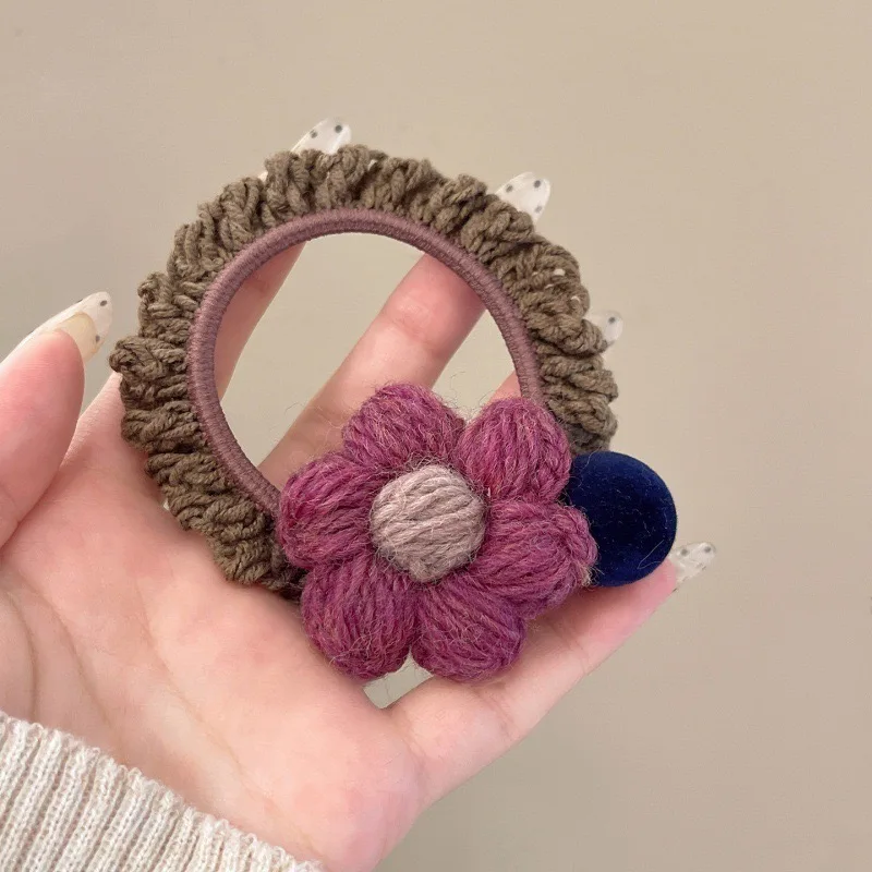 1 Stück Herbst-Winter weiche Wolle 3D-Blumen-Haarknoten, 2025 neuer Stil, hochwertiges Haarseil zum Flechten von Haaren, elastisches Haarseil – Detail 7