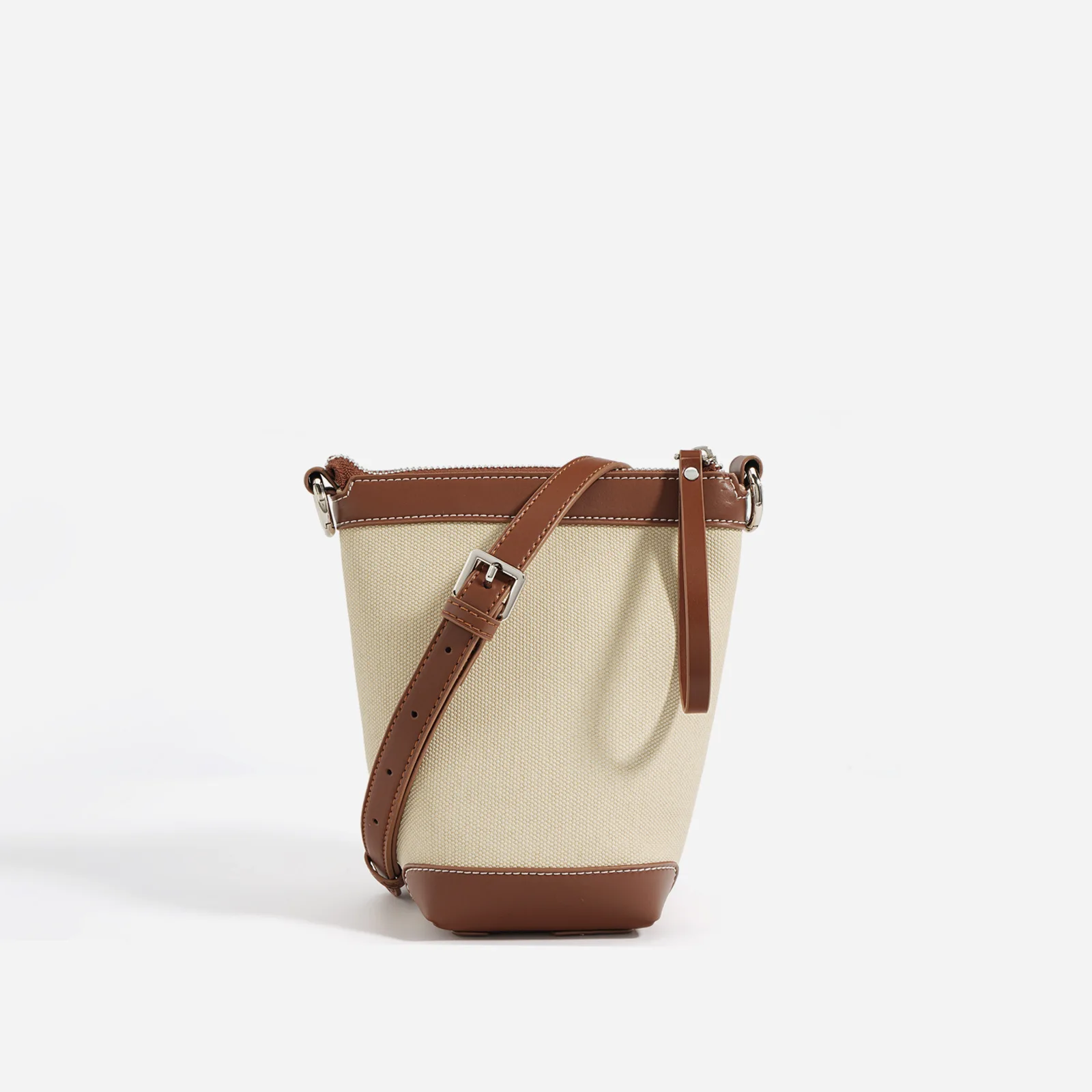 2023 Summer Canvas Bucket Bags for Women Fashionable Genuine Leather Shoulder Bag with Zipper Small Color-Block Crossbody Bag