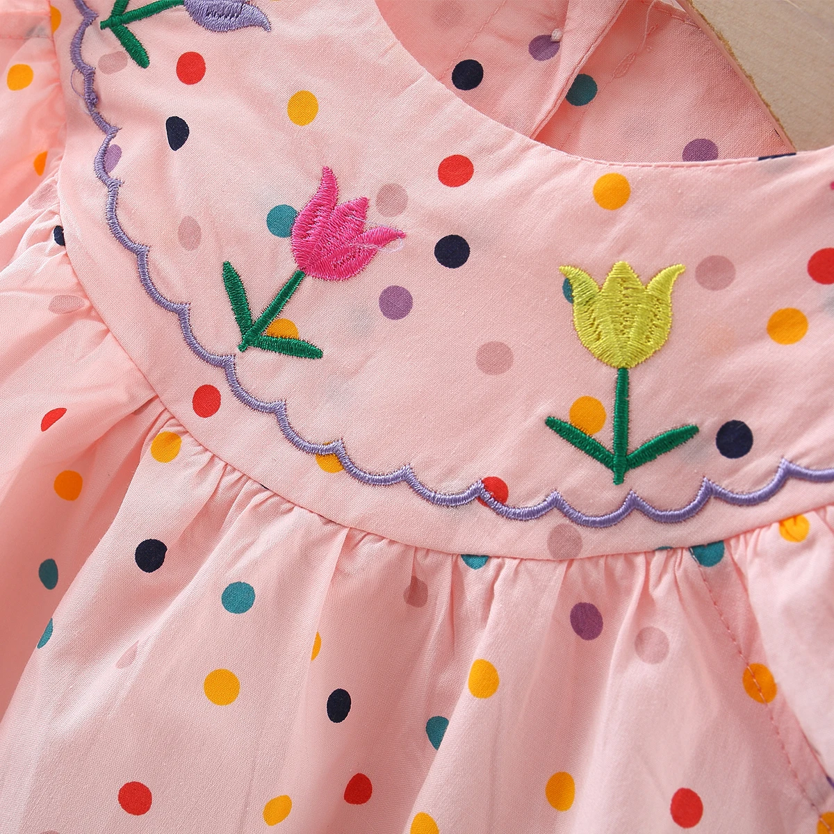 Summer New 0-3 Year Old Girl Short sleeved Dress with Flower Embroidered Colorful Dot Doll Neck Princess Dress 4
