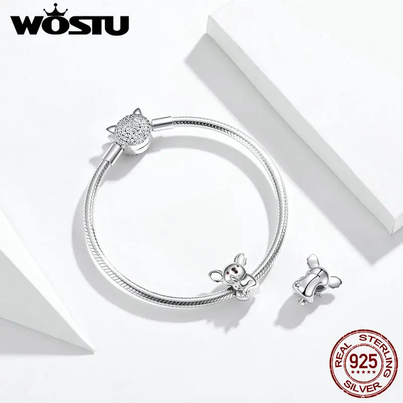 WOSTU 동물의 매력 코알라 폭스 베어 비즈 암소 팬더 토끼 펜던트 맞는 원래 팔찌 여성을위한 DIY 쥬얼리
