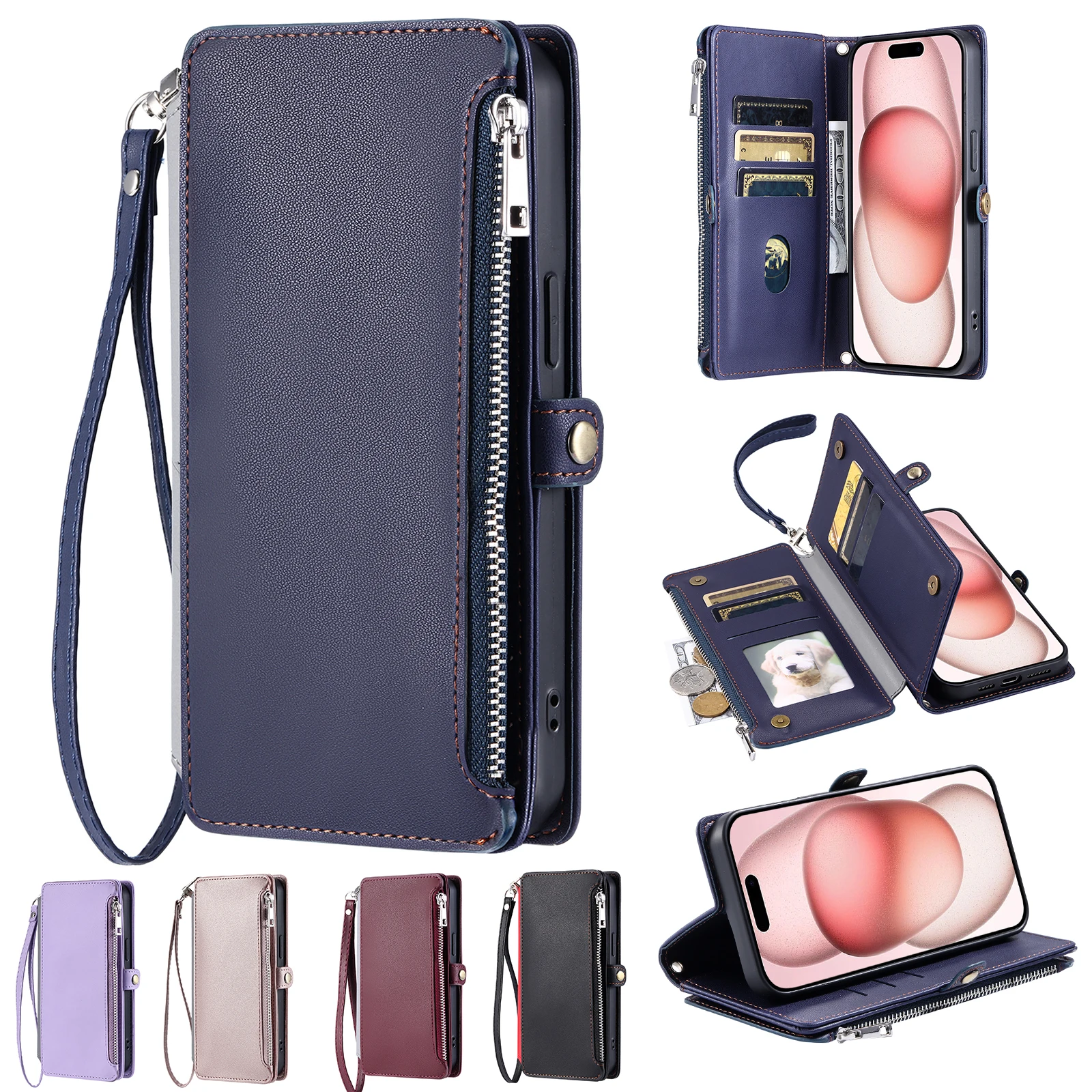 Enhanced Leather Crossbody Zipper Wallet Case with 8 Card Slots and Lanyard