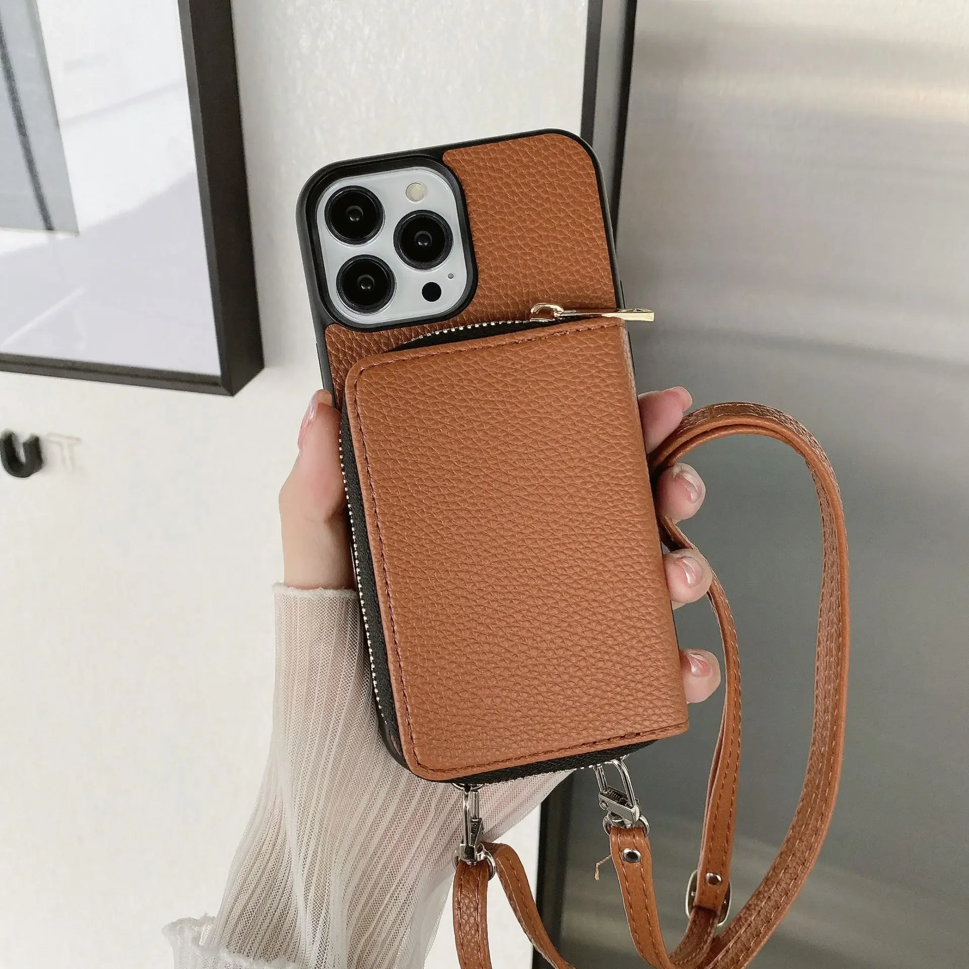 Elegant Leather Zipper Wallet Phone Case with Card Holder and Crossbody Lanyard