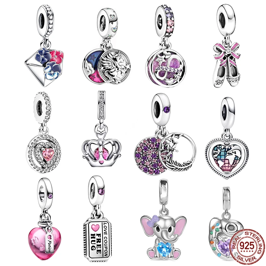 

925 Sterling Silver Sparkling Double Halo Heart & Regal Crown Dangle Charm Bead Fit Original Pandora Bracelet DIY Jewelry Gift