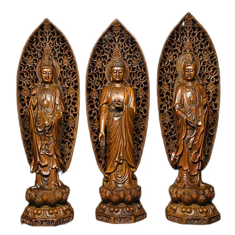 

Chinese Buddhism Boxwood Wood Shakyamuni Kwan-yin Guan Yin 3et 3 Buddha Statue