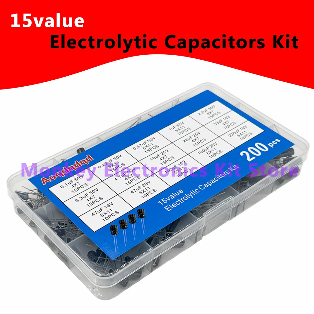 15Values 10V 16V 25V 50V 0.1uF-220uF 0.22uf 2.2uf 100uf Radial Electrolytic Capacitor Assortment Kit 200pcs/lot electrolytic capacitor