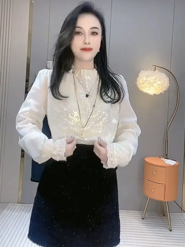 Sequin shirt long sleeved plucked long sleeved small shirt  blouses  shirts for women blusa feminina  women blouse