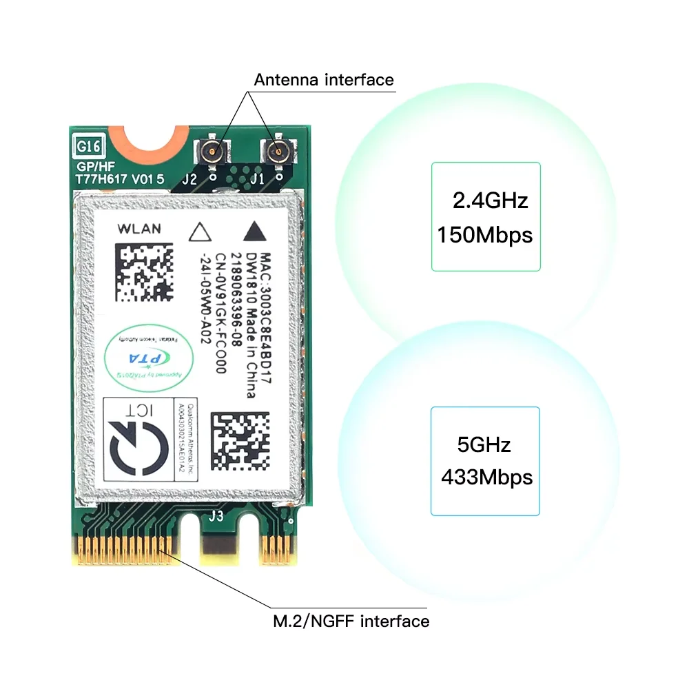 QCA9377 NGFF M2 무선 WiFi 카드 802.11ac 듀얼 밴드 2.4G 5G QCNFA435 노트북용 블루투스 4.1 Windows 10 11 Ultra Fast