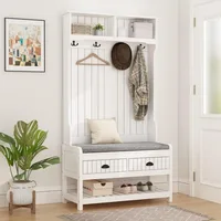 Modern Hall Tree with Storage Bench, 4-in-1 Entryway Bench with Coat Rack, Tall Hall Tree with 4 Metal Double Hooks, Shel 1