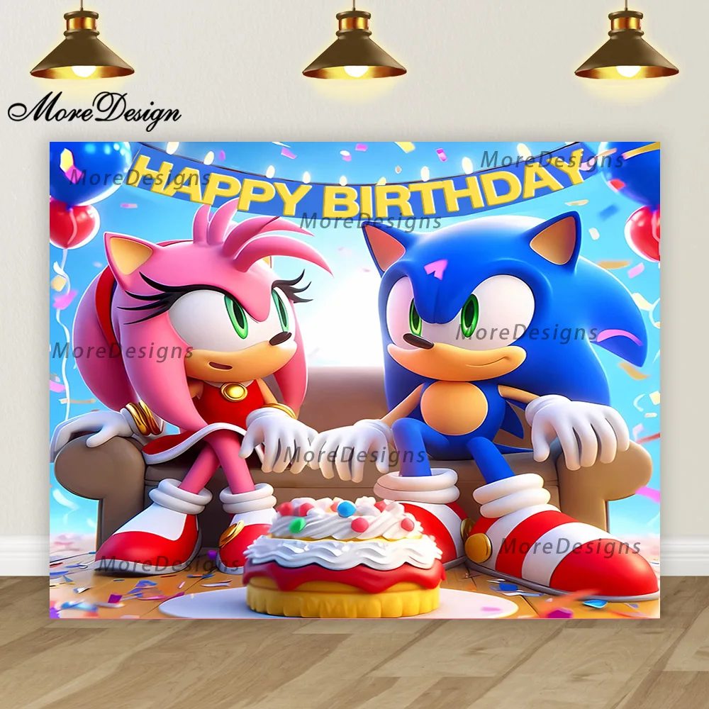 thumbnail image 1 of Banner de cumpleaños de Sonic, fondo fotográfico para niños, decoración para la primera fiesta de niños, fondo de tela de poliéster y vinilo con dibujos animados, 1 of 5