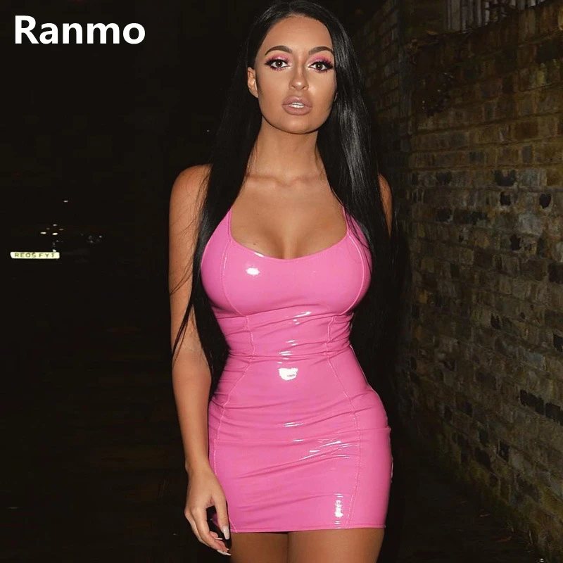 RANMO Ranmo – Mini robe moulante en cuir Pu pour femme, tenue Sexy, élégante, rose, rouge, noir, pour fête en boîte de nuit, tache, été, 2022