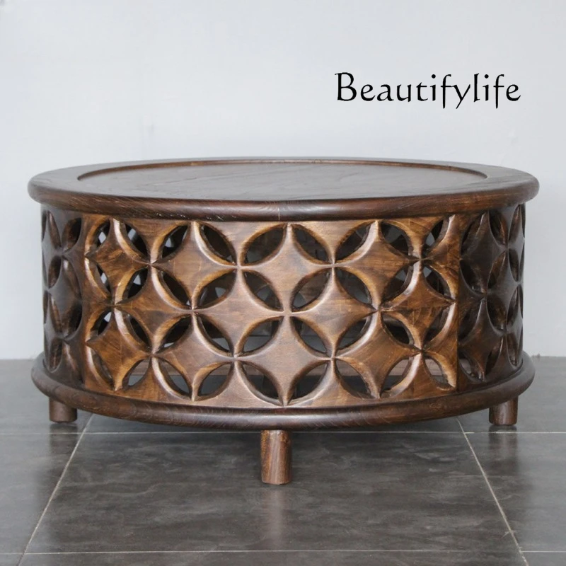 

Southeast Asian Style Solid Wood round Tea Table Home Hollow Small round Table