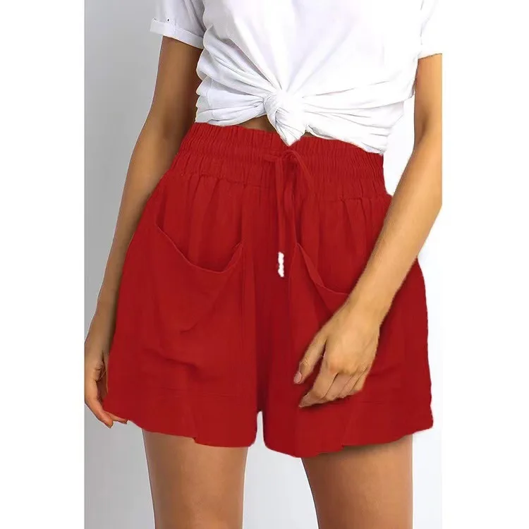 

Summer 2023 New Fashion Loose Solid Color Cotton blend Pocket Elastic Waistband Tie Women's Casual Elegant Sexy Shorts
