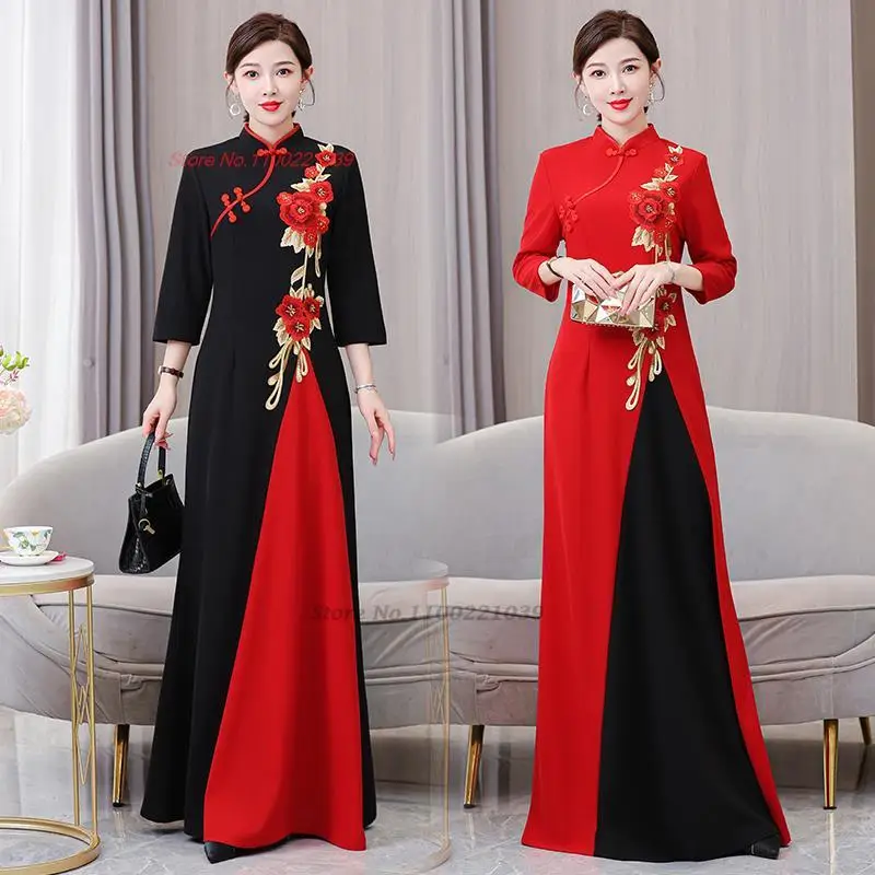 

2024 chinese vintage qipao dress mandarin collar improved cheongsam flower embroidery evening banquet qipao folk dress qipao