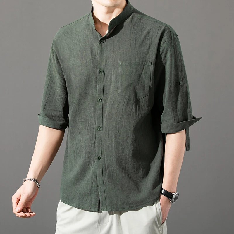 

3XL 4XL 5XL Summer Stand-up Collar Shirt Men's Cotton Linen Seven-point Sleeve Shirt Loose Large Size Men's Half Sleeve Leisure