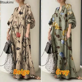 Abito lungo da donna elegante Abito lungo in lino di cotone con maniche a lanterna alla moda Abiti da spiaggia con stampa casual allentata vintage Femme