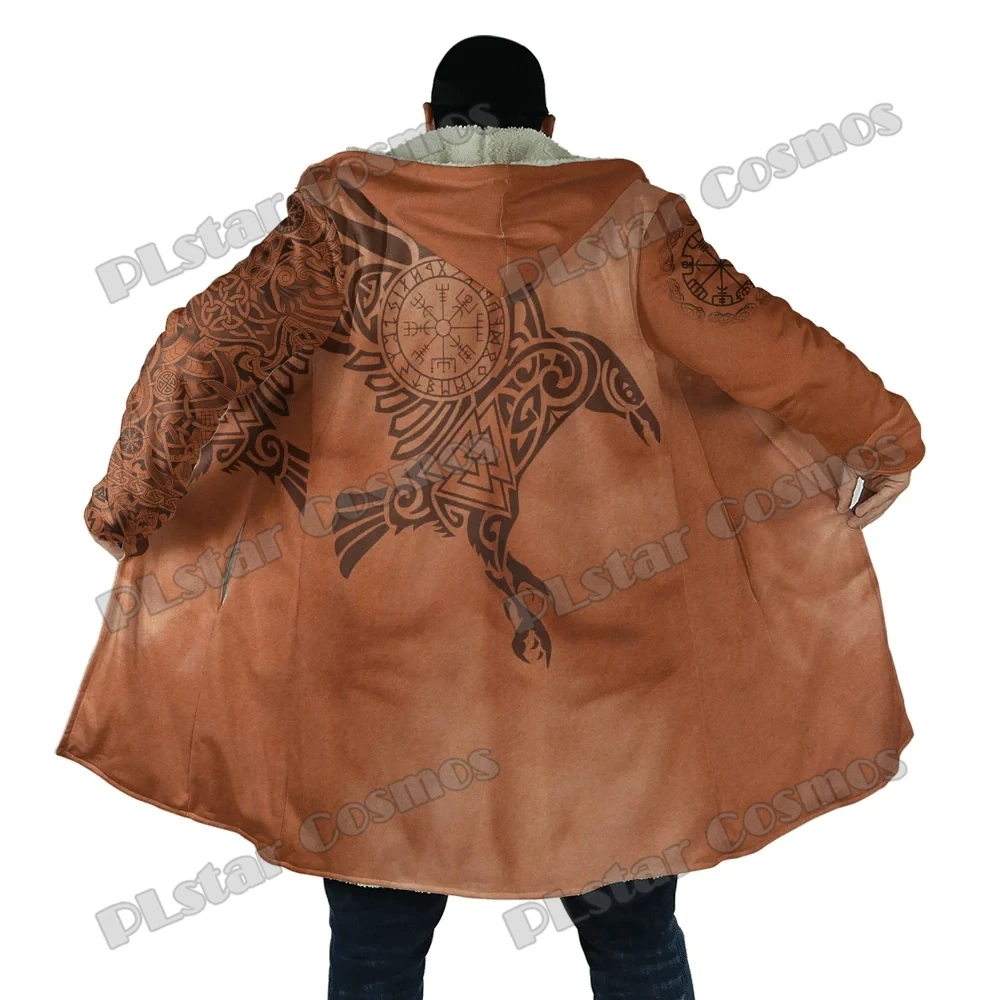 Space Eagle and Wolf Tattoo 3D Printed Men's Sherpa Hooded Cloak Winter Unisex Casual Thick Warm Hooded Capes Outerwear PF143