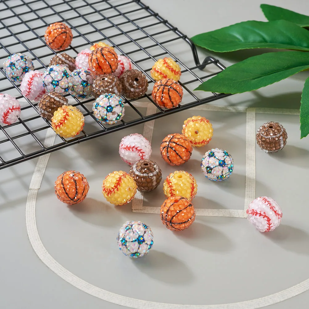 30Pcs Sport Resin Rhinestone Beads Basketball Football Baseball Round Loose Spacer Chunky Beads Charms for Jewelry Making 20mm
