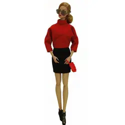 Tenues de poupée rouge à manches longues 1/6, vêtements pour Barbie, chemise, haut, jupe noire, lunettes, sac, bottes, jouets 