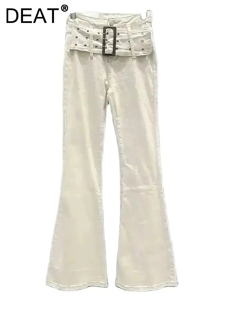 

DEAT Women's Jeans Low Waist Slim Spliced Wide Belt Washed Full-length Female Denim Flare Pants 2024 Spring New Fashion 29L6668