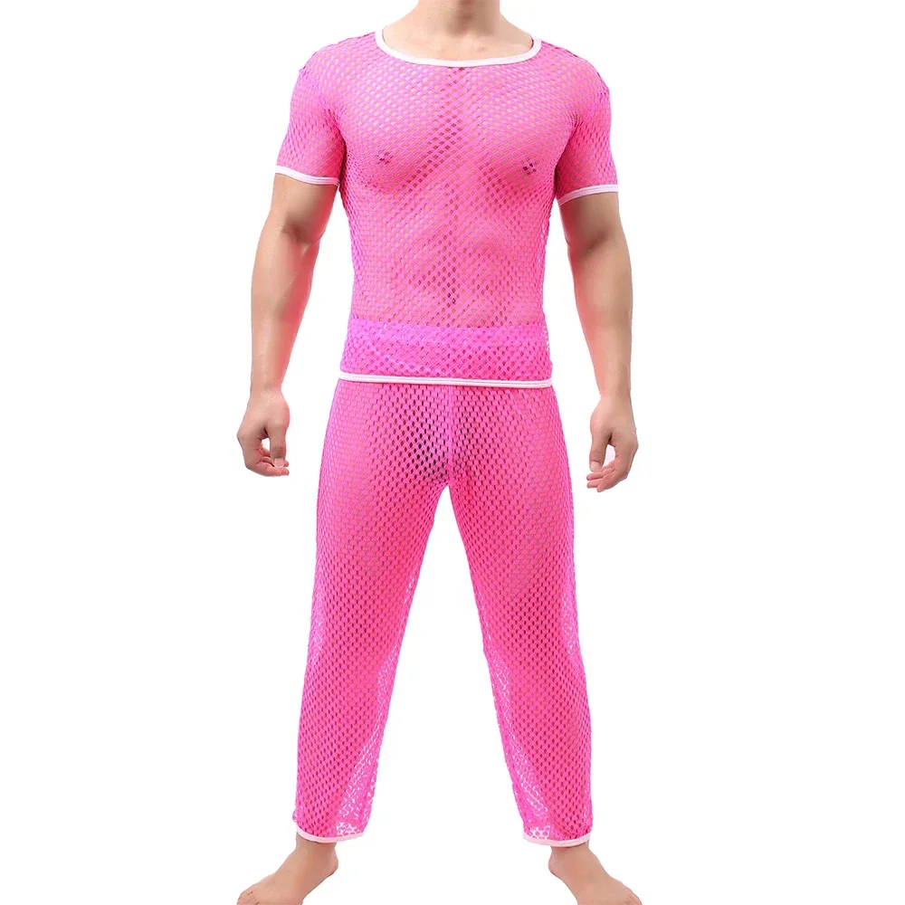 

Sexy Men Undershirts Clothes Sets Mesh Short Sleeve See Through T Shirts Long Trousers Loose Pajama Male Sport Fitness Underwear
