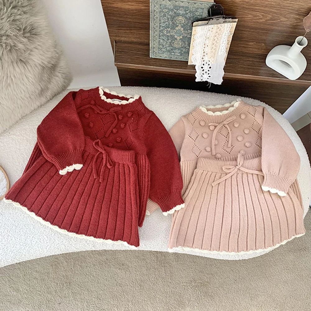 

Christmas Pompom Design Children Sweater + Girl Pleated Skirts Set Kids Knit Pleated Tutu Skirt Autumn Winter Baby Clothes Set