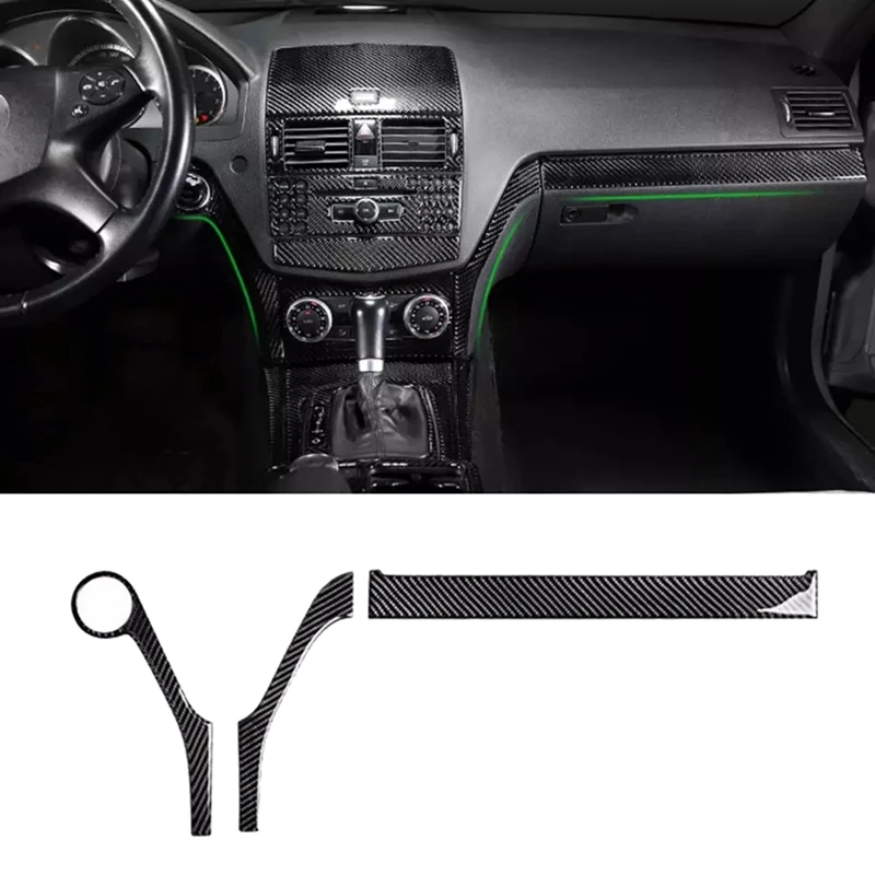 

NEW-3Pcs Carbon Fiber Car Interior Central Control Frame Decals Trim Stickers Interior Decor for Mercedes-Benz C-Class W204
