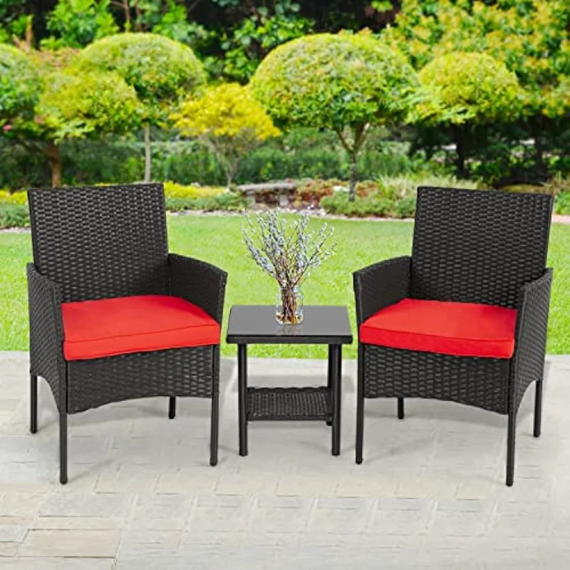 FDW 3 Piece Outdoor Furniture Set Patio Furniture Wicker Chairs Conversation Bistro Set 2 Rattan Chairs with Red Cushions