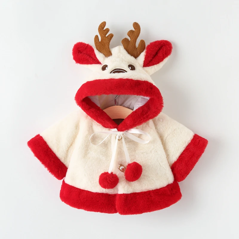 0-2T Baby Girl Fur Coat Christmas Elk Coat for Girl Winter Outerwear for Infant Hooded Thick Jacket Baby Cloth