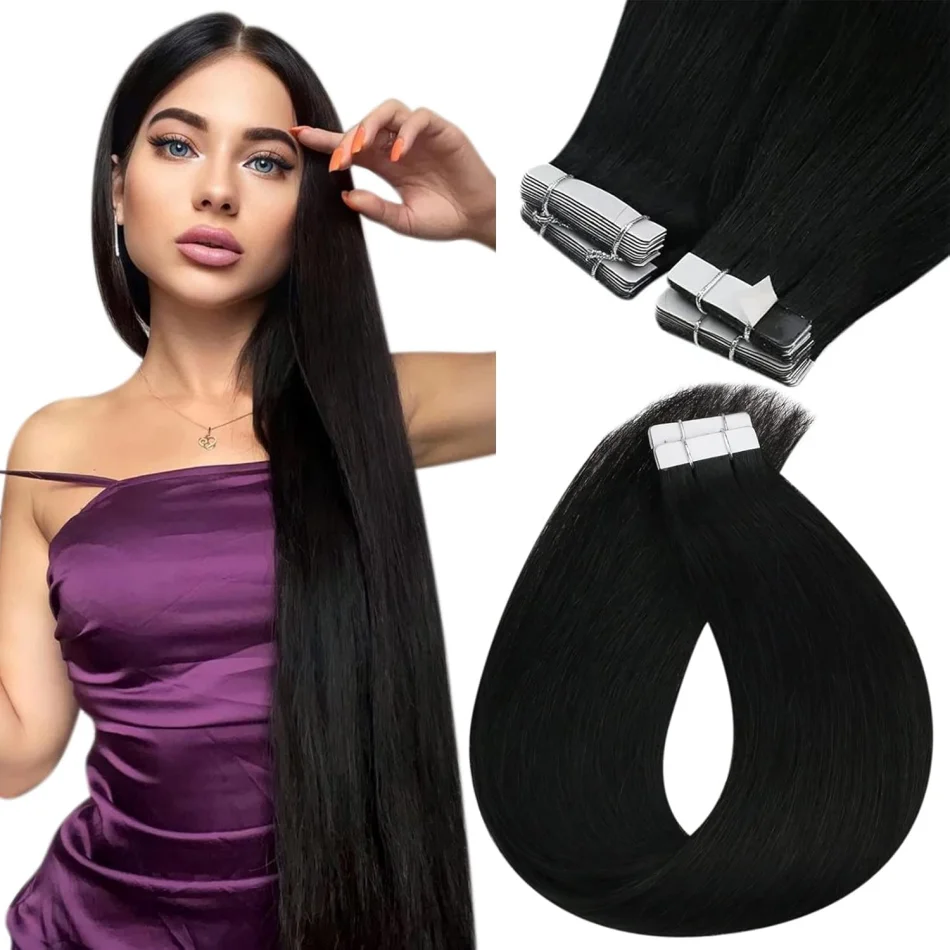 StraightTapeInHumanHairExtensionsNaturalHairExtensions1B100