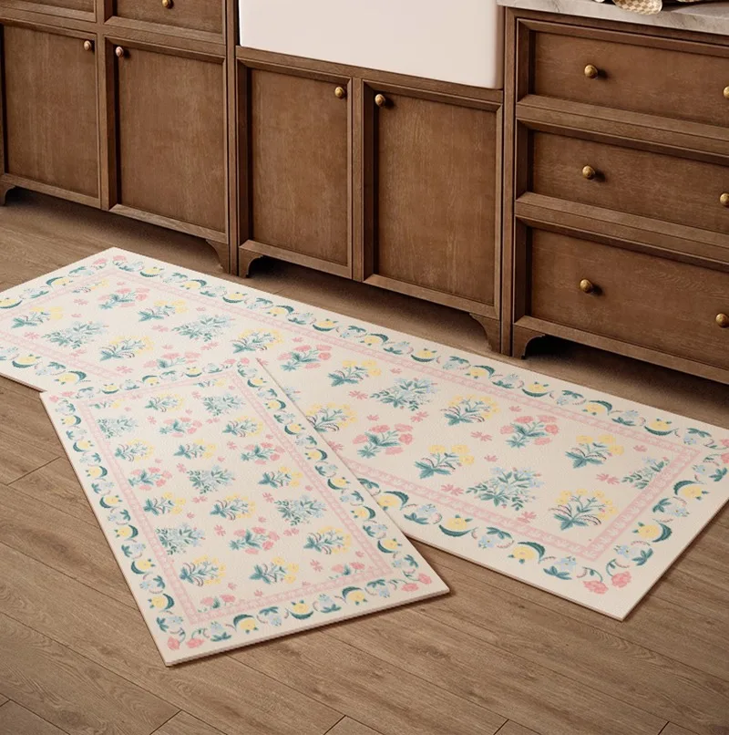Modern Simple Kitchen Floor Mat Floral Print Waterproof Oil-proof PVC Leather Carpets Large Area Balcony Rugs Tapete De Cozinha