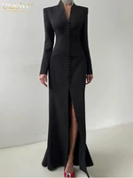 Clacive Sexy Slim White Women's Dress 2025 Fashion V-Neck Long Sleeve Ankle Length Dresses Elegant Classic Slit Female Dress - Image 4