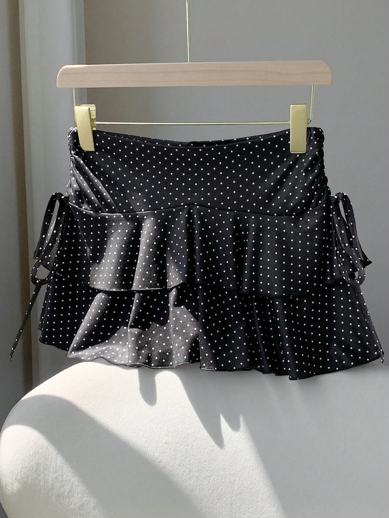 Women's Casual Vintage Skirt Black Embellished Polka Dot Print Tiered Ruffle Side Drawstring Ruched Low Rise Mini Skirt 2026 5