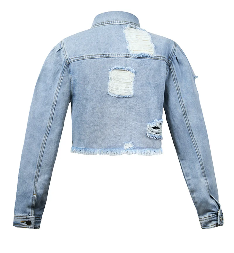 Fashion Broken Holes Short Denim Jacket Female Casual Outerwear Women's Lapel Long Sleeve Button Splicing Coat Trend Streetwear