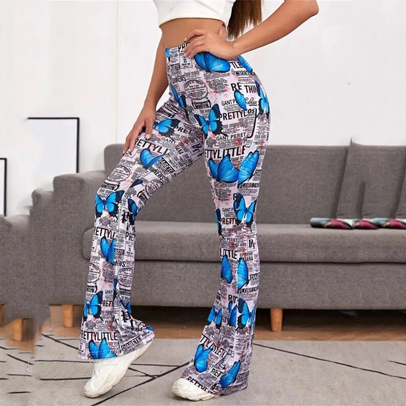 New Spring Summer Casual Butterfly Pants Women Korean High Waist Slim Wide Leg Pant Flare Trousers Floral Print Gym Legging XXL