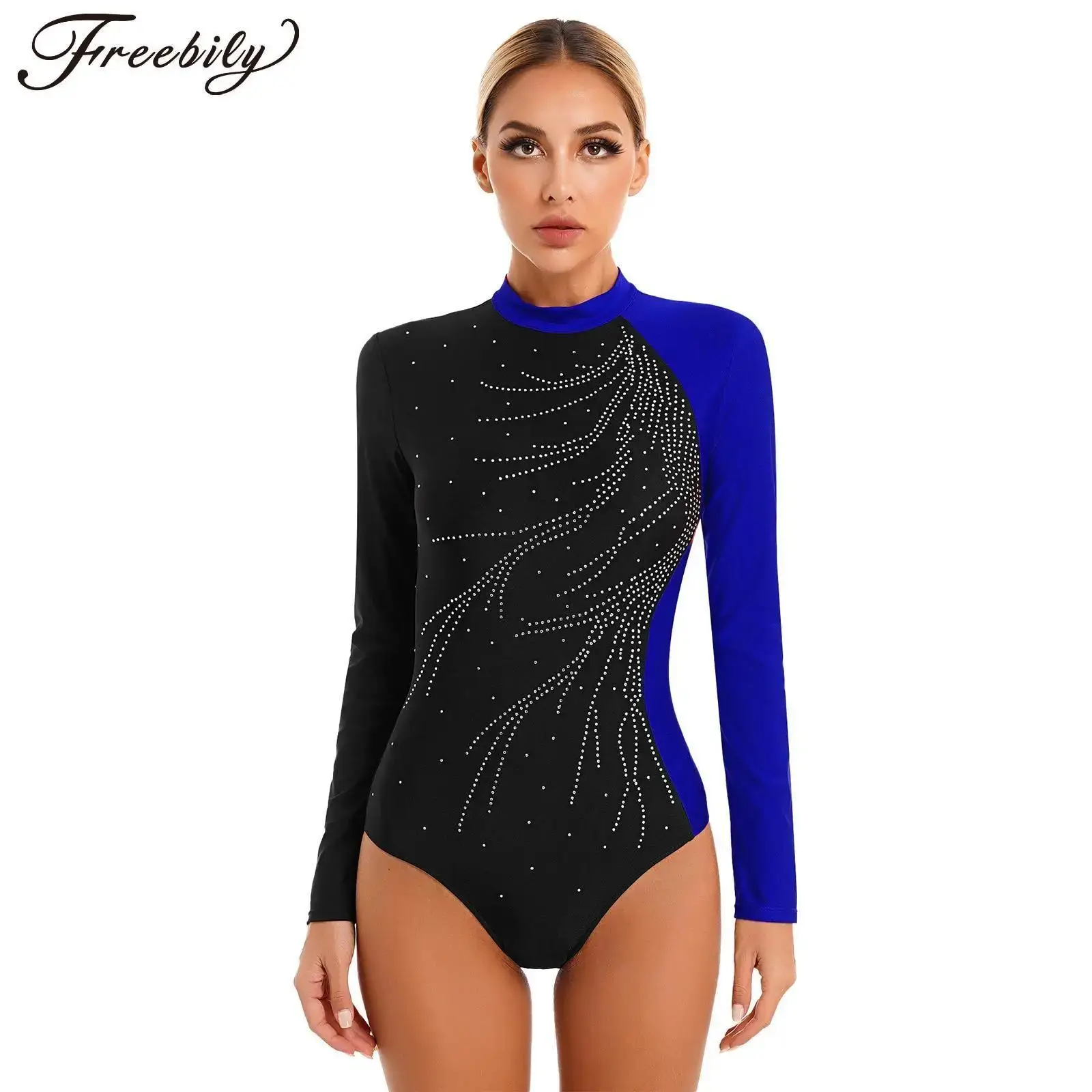 

Womens Rhinestones Long Sleeve Ballet Dance Leotard Mock Neck Bodysuit for Gymnastics Figure Ice Skating Dance Performance