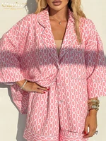 Clacive Fashion Loose Print 2 Piece Sets Women Outfit 2024 Casual Long Sleeve Shirt With High Waist Shorts Set Female Homewear - Image 4