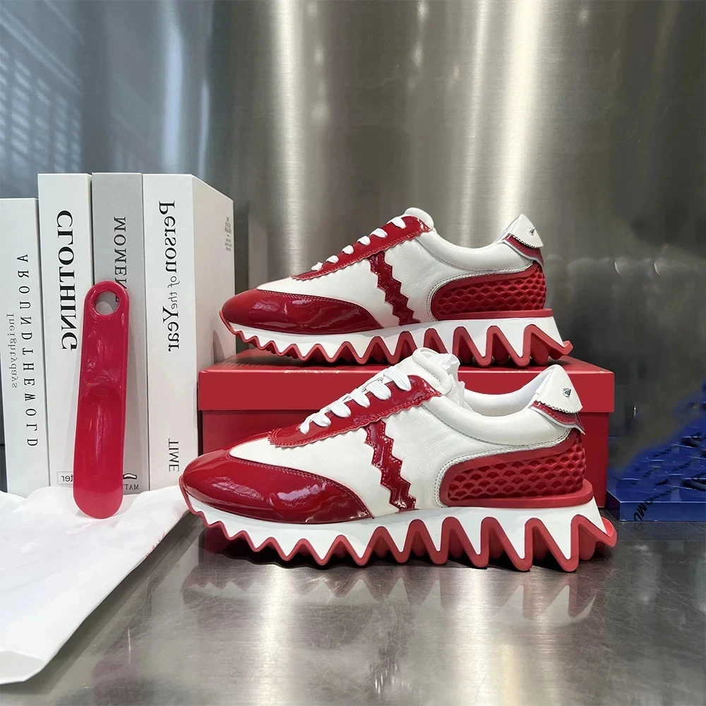 Couple Rivet Graffiti Thick Clunky Platform Dad Sneaker Shark Teeth Shaped Stitching Lace-Up Men Red Sole Comfort Slip-on Shoes