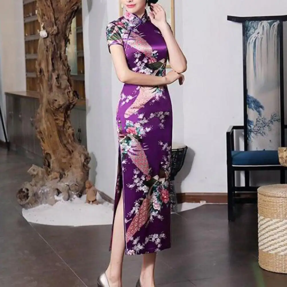 

Women Dress Chinese National Style Floral Print Short Sleeves High Side Split Knot Buttons Cheongsam Satin Silky Slim Fit Qipao