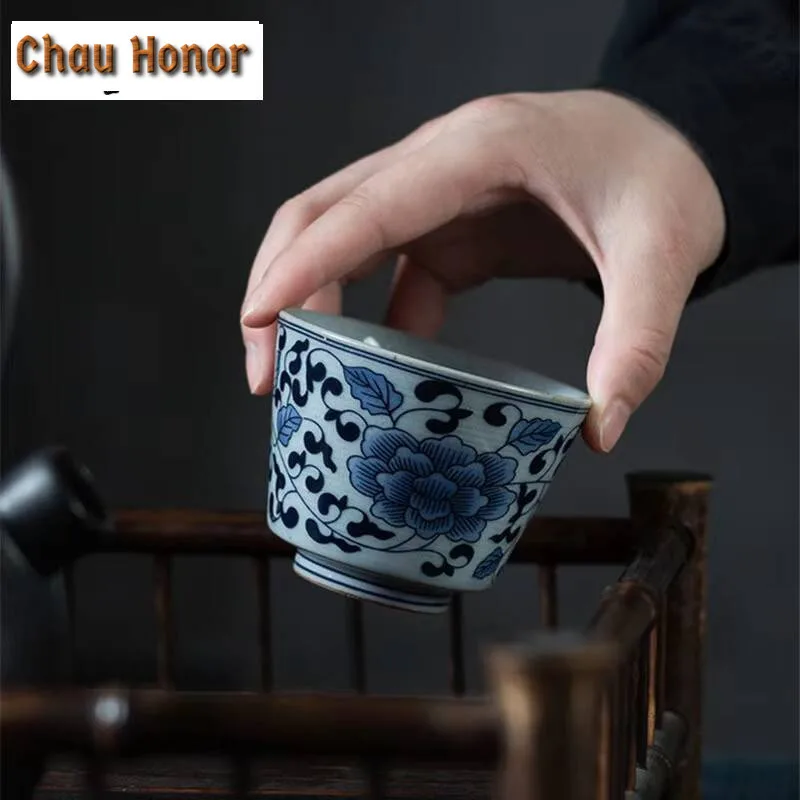 2pcs /set Blue And White Ceramics Small Capacity Tea Cup Handmade Household Master Cup Tea Ceremony Drinkware Accessories 90ml