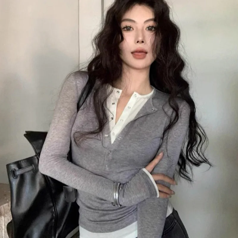 Women's Fake Two Pieces Base Layer T-Shirt Sexy V Neck Contrast Color Long Sleeve T-Shirt Autumn Casual Slim Fit Versatile Tops 4