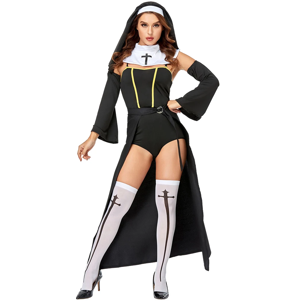 

Women Church Religious Sister Bad Habit Sexy Nun Costume Cosplay Uniform for Female Adult Halloween Party Fancy Black Dress