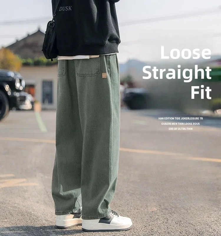 Trendy Pure Cotton Work Pants Loose Straight Leg Men's Autumn Spring Casual Trousers for Teenagers American Retro Sle